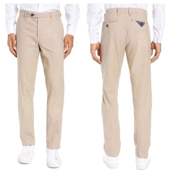 TED BAKER Mens Penguin Dress Pants Sz 32 R Khaki Tan Flat Front Cotton Trousers - Picture 1 of 9